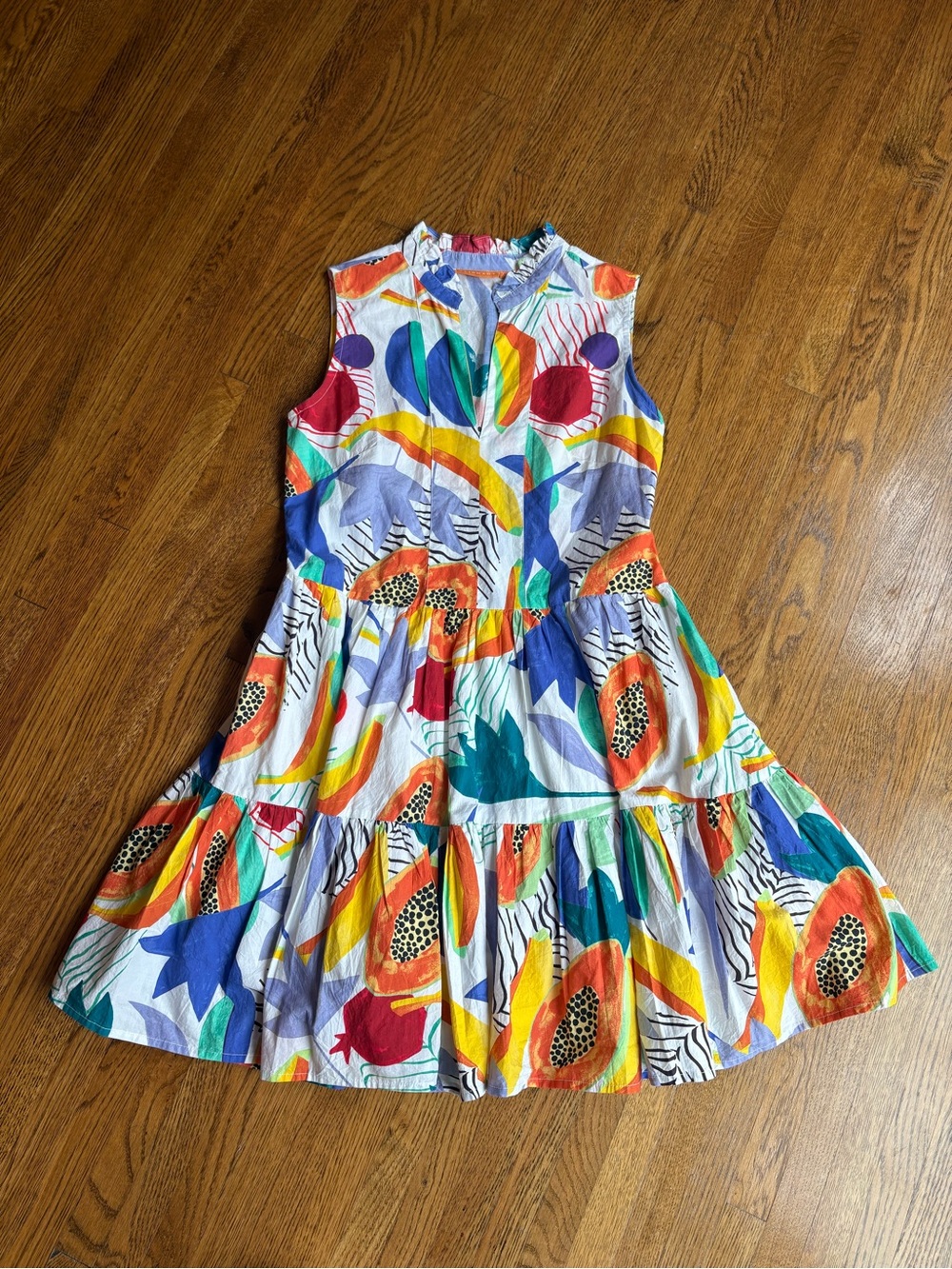 Oliphant Bright Multicolor Papaya Tropical Print Tiered Sundress